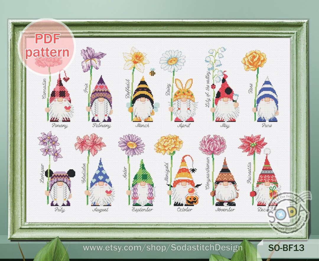 Cross Stitch Pattern Pdf 12 Month Gnome Fairy Sprite Garden Modern Pdf