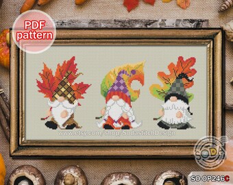 Patrón de punto de cruz en PDF Hojas Caídas Moderno, SO-OP246C 'Cuatro Estaciones de Gnome_Otoño'