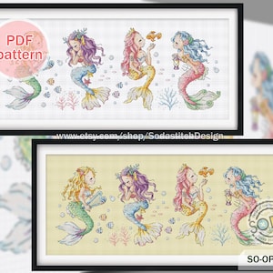 May include: Cross-stitch patterns featuring mermaids with colorful tails and hair, interacting with fish and coral. The designs are framed in black and include the text "PDF pattern" and the Etsy shop URL.