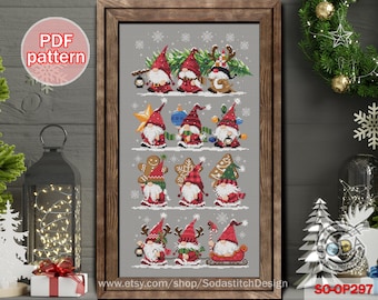 Puede incluir: Un patrón de punto de cruz con 10 gnomos en varias poses, con gorros rojos y sosteniendo objetos navideños. Los gnomos están rodeados de copos de nieve y el texto "SO-OP297" está en la esquina inferior derecha.