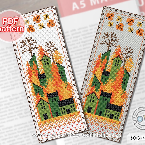 Bookmark Cross Stitch Pattern pdf Autumn Fall Four seasons Forest House Town Instant Download Counted Chart Scheme,SO-BM18 'Autumn Village'