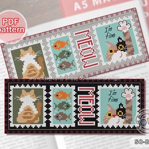 以下が含まれることがあります： 「Meow」と「I'm fine」という赤い文字と白い文字が書かれた猫を特徴とするクロスステッチブックマークパターン。パターンは3つのセクションに分かれており、それぞれ異なるデザインになっています。最初のセクションは魚を持った猫、2番目のセクションは「Meow」という文字、3番目のセクションは「I'm fine」という文字を持った猫が描かれています。