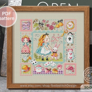 May include: A cross-stitch pattern featuring Alice in Wonderland characters, including Alice, the Mad Hatter, the Queen of Hearts, and the White Rabbit. The pattern is in a colorful patchwork style with a variety of floral and geometric designs.