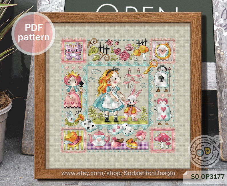 May include: A cross-stitch pattern featuring Alice in Wonderland characters, including Alice, the Mad Hatter, the Queen of Hearts, and the White Rabbit. The pattern is in a colorful patchwork style with a variety of floral and geometric designs.