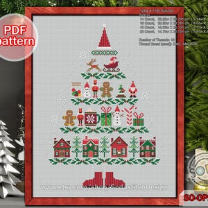 May include: A framed cross-stitch pattern in a Christmas tree design. The tree is filled with festive elements like houses, gingerbread men, and Santa. The text "PDF pattern" is in a circle in the upper left. The frame is red.