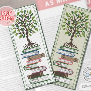Pode incluir: Um padrão de marcador de ponto cruz com uma árvore verde crescendo de uma pilha de livros. O padrão está disponível para download em PDF. O padrão é intitulado "SO-BM58".