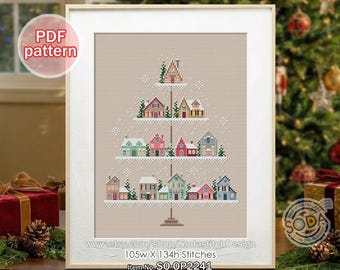 Cross Stitch Pattern pdf Christmas Winter Town House Tree, SO-OP2241 'Winter Village'