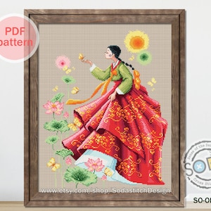 A lady Cross Stitch Pattern Chart,Korean Traditional Clothes Hanbok Girl,SO-OPG74 &#39;A Lady in Korean Traditional Dress Hanbok&#39;