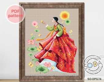 Patrón de punto de cruz en PDF, SO-OPG74 'Una dama con traje tradicional coreano Hanbok'