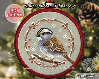 Cross Stitch Pattern pdf Christmas Tree Hoop Ornament , SO-OP2273 'Winter Bird_White-throated Sparrow'