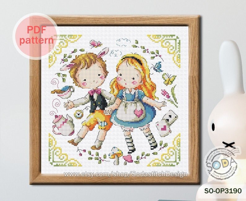Gráfico de Ponto Cruz em PDF - Livro de Contos de Fadas Moderno, SO-OP3190 'Alice e o Coelho do Relógio' imagem 1