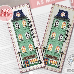 May include: Two cross-stitch bookmarks featuring a green building design with windows and the word "BOOK". The bookmarks have a detailed, pixelated appearance, with a red border and the text "Cross Stitch BOOKMARK". The design includes a PDF pattern.