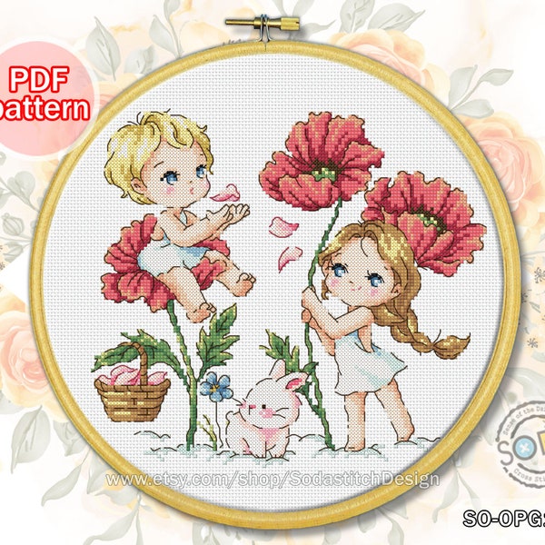 Cross Stitch PDF pattern Angel Fairy Elf Pixie Sprite Poppy Clouds Kids Modern Scheme Instant PDF Download,SO-OPG159B 'Garden on the Cloud'