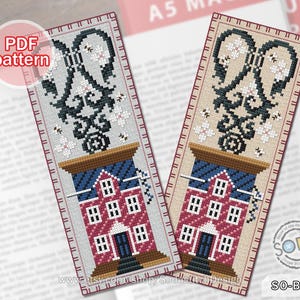 May include: Two cross-stitch bookmarks with a house design. The bookmarks feature a red house with a blue roof, a black and white floral design, and the text "Cross Stitch BOOKMARK" and "PDF pattern".