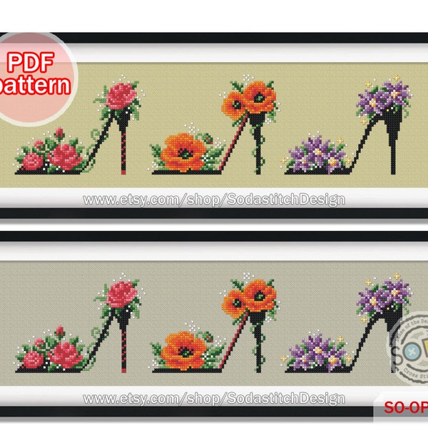 Modèle de point de croix pdf Flower High Heels Collection Téléchargement instantané, SO-OP2138 'Flower High Heels'
