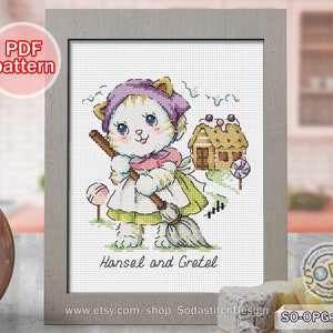 Cross Stitch Pattern pdf Hansel and Gretel Cat Kitten Kitty Cute Animal Modern,SO-OPG151D &#39;The fairy tale of cats&#39;