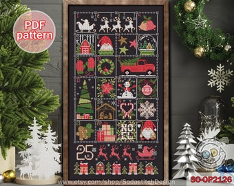 Christmas Cross Stitch Pattern pdf Christmas Santa Gnome December Calendar Winter Counted Instant Download,SO-OP2126 'Christmas Calendar'