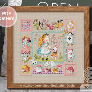 May include: A cross-stitch pattern featuring Alice in Wonderland characters, including Alice, the Mad Hatter, the Queen of Hearts, and the White Rabbit. The pattern is in a colorful, whimsical style and includes a variety of details, such as playing cards, teacups, and flowers.