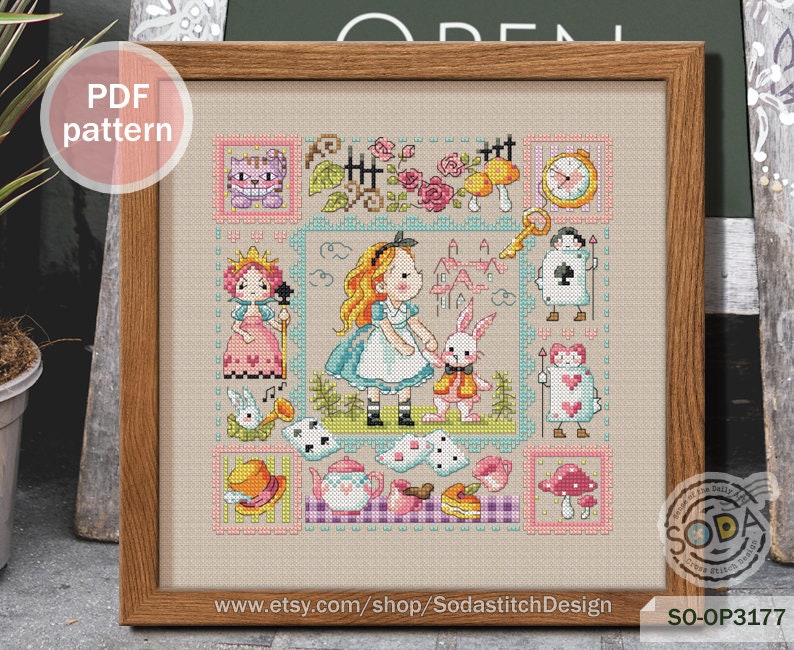 May include: A cross-stitch pattern featuring Alice in Wonderland characters, including Alice, the Mad Hatter, the Queen of Hearts, and the White Rabbit. The pattern is in a colorful, whimsical style and includes a variety of details, such as playing cards, teacups, and flowers.