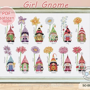 Birth Month Flower Cross Stitch Pattern,12 Month Gnome Fairy Sprite Garden Modern pdf Download Counted ,SO-BF33 &#39;Birth Month Flower_GIRL&#39;