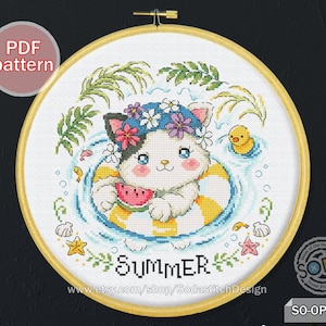 Kruissteekpatroon pdf Four Seasons Summer Cat Kitty Kitten Modern Instant pdf Download getelde grafiek, SO-OP3241 'Summer Cat'