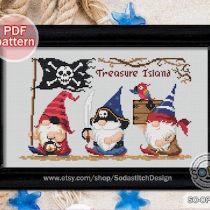 May include: Cross-stitch pattern featuring three gnomes dressed as pirates with a pirate flag and the text "Treasure Island".