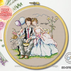 クロスステッチパターン pdf 結婚式 花嫁 花婿 恋人 結婚 カップル 記念日 モダン インスタントダウンロードチャート、SO-OP383「私たちは結婚しました」