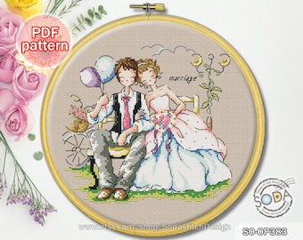 Patrón de punto de cruz pdf Boda Matrimonio Novia Novio Amante Moderno, SO-OP383 'Nos casamos'