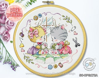 May include: Cross stitch pattern featuring two adorable kittens in dresses, one with a pink bow and the other with a yellow bow, holding yarn balls. The pattern is surrounded by sewing-themed elements like needles, scissors, buttons, and a window.