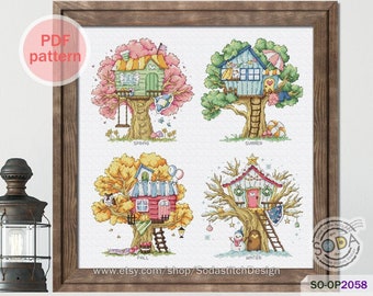 Tree House Cross Stitch Pattern,Spring Summer Fall Autumn Winter Four Season Modern pdf download counted chart,SO-OP2058 'Tree House'