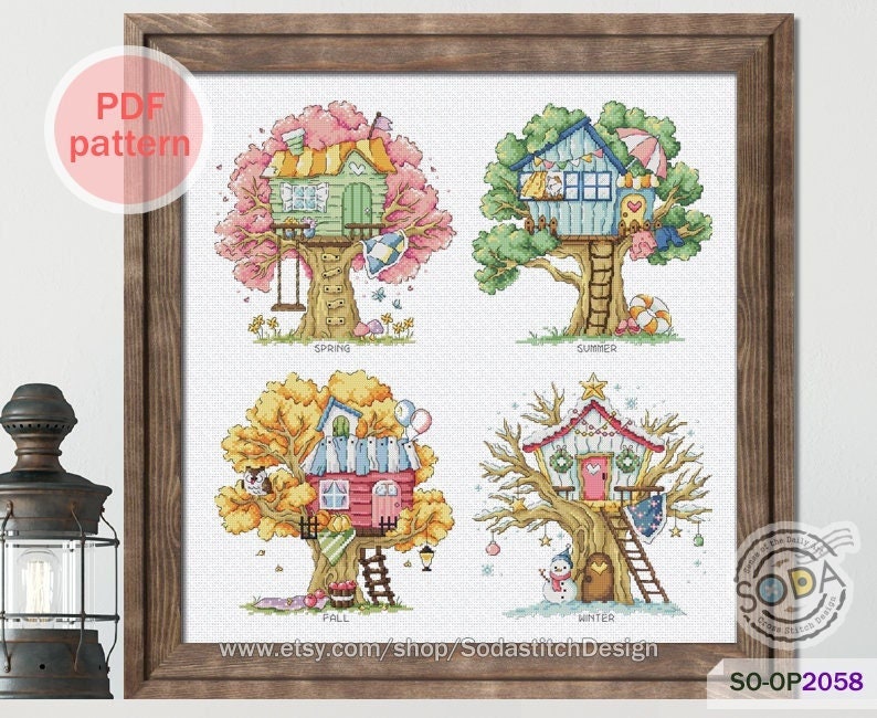 Tree House Cross Stitch Pattern,spring Summer Fall Autumn