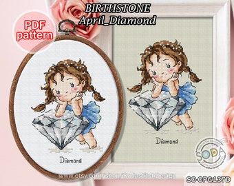 Cross Stitch Pattern pdf Jewel Gem Jewelry Jewellery, SO-OPG137D 'Birthstone_April_Diamond'
