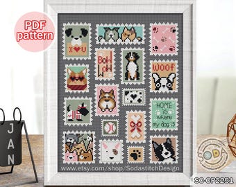 May include: A cross stitch pattern featuring a collection of 16 colorful postage stamps with various dog breeds and dog-related phrases, including "Woof", "Home is where my dog is", and "I love you".