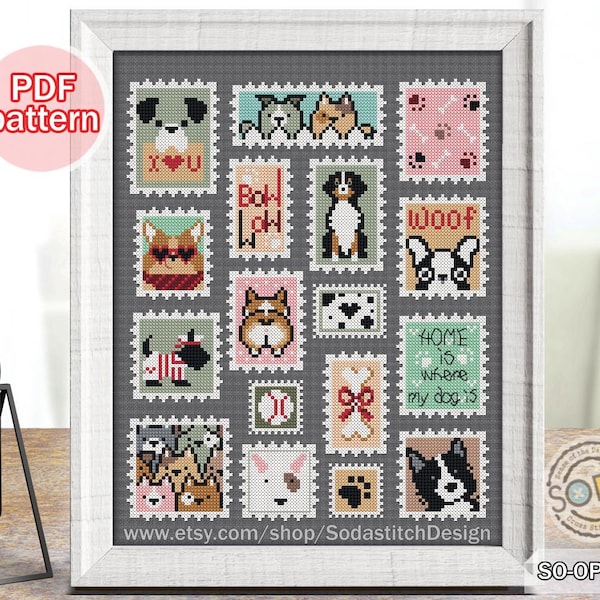 Cross Stitch Pattern pdf Post Sampler Dog Pet Modern, SO-OP2251 'Puppy Stamp Collection'