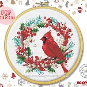 Kreuzstich Muster pdf Kardinal Vogel Weihnachtskranz Winter Tier Modern Zählmuster, SO-OP2185 'Christmas Cardinal'