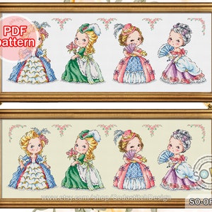 Könnte beinhalten: Ein Kreuzstichmuster mit vier Mädchen in Vintage-Kleidern mit floralen Akzenten. Das Muster ist als PDF-Download verfügbar. Der Text "SO-OPG95" befindet sich in der rechten unteren Ecke des Bildes.