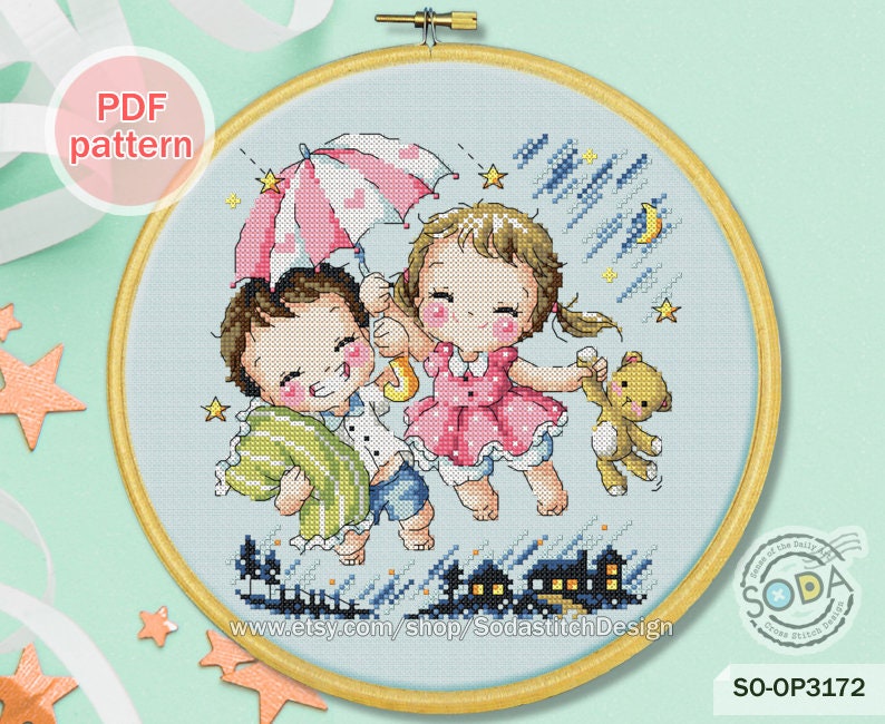 ⭐︎星月夜 クロスステッチパターン PDF カップルキッズモダン、SO-OP3172「星月夜