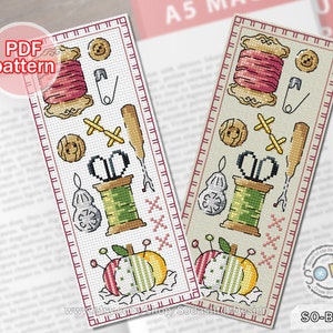 May include: A cross stitch bookmark pattern featuring a sewing theme with various tools like spools of thread, scissors, buttons, needles, and a thimble. The pattern is printed on a white background with a red border. The text "PDF pattern" is printed in red on a white circle.