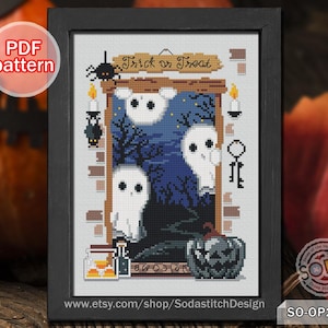 Cross Stitch Pattern pdf Halloween Witch House Ghost Autumn Fall Modern, SO-OP2227 'Witch's room'