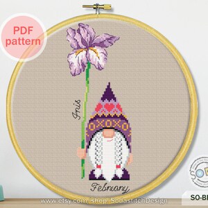 Birth Month Flower, February,Iris Gnome Garden Elf modern instant pdf download counted chart,SO-BF2 'Birth Flower of February' image 2