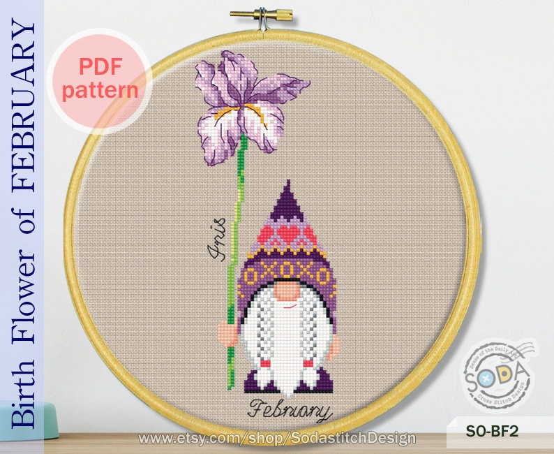 Birth Month Flower, February,Iris Gnome Garden Elf modern instant pdf download counted chart,SO-BF2 'Birth Flower of February' image 2