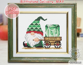 Kruissteekpatroon pdf Emerald Jewel Gem Jewelry Sieraden Gnome, SO-BS25 'Birthstone Delivery_MAY'