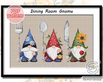 Patrón de punto de cruz en PDF Cubiertos Decoración de cocina para el hogar Hada Elfo, SO-OP2202 'Gnomo de comedor'