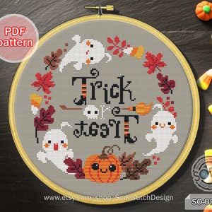 Halloween cross stitch pattern pdf halloween trick or treat pumpkin ghost skull cute simple for beginner modern,SO-OP230 &#39;Trick or Treat&#39;