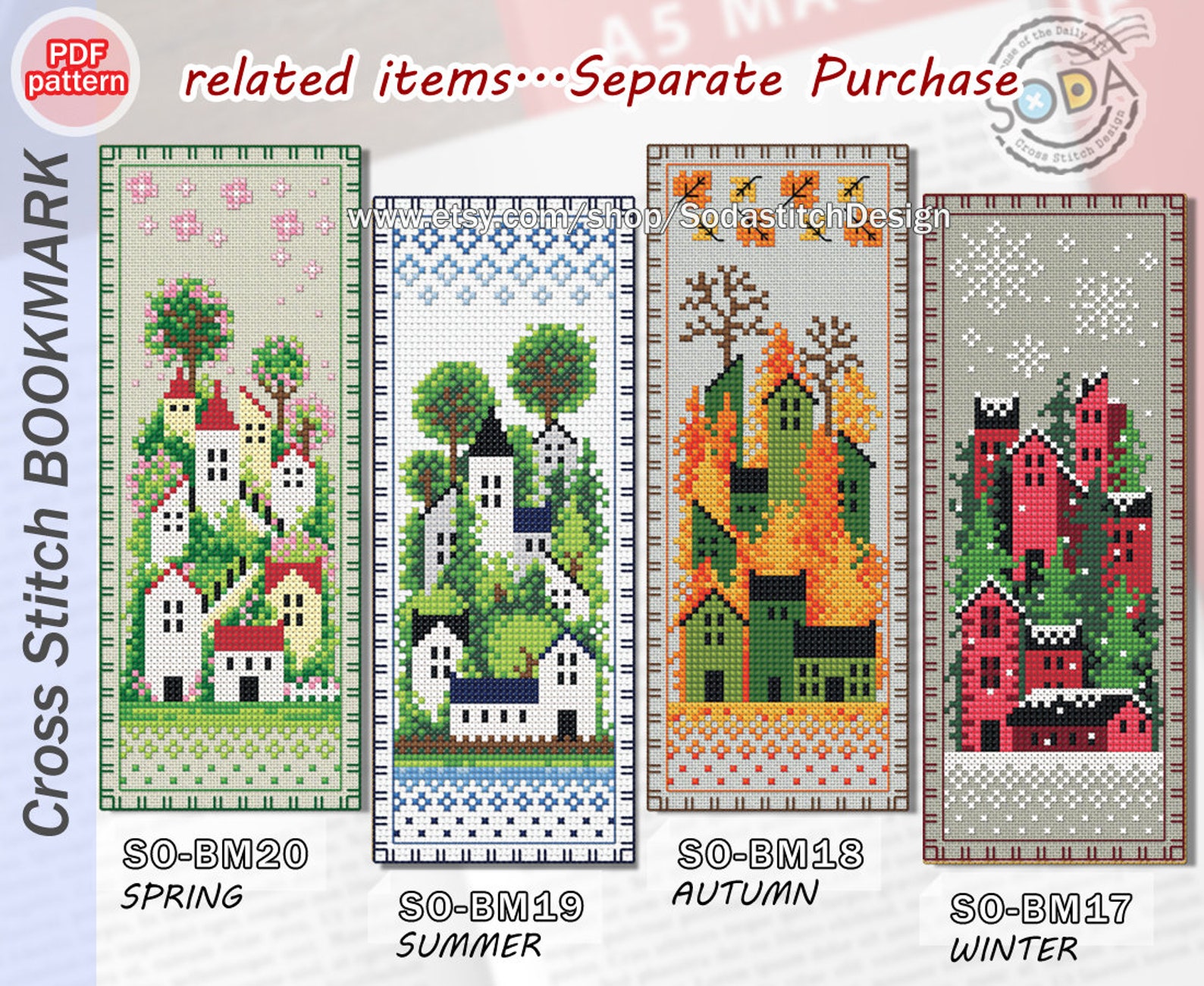 Cross Stitch Pattern Pdf Bookmark Reading Fall Four Seasons House Town ...