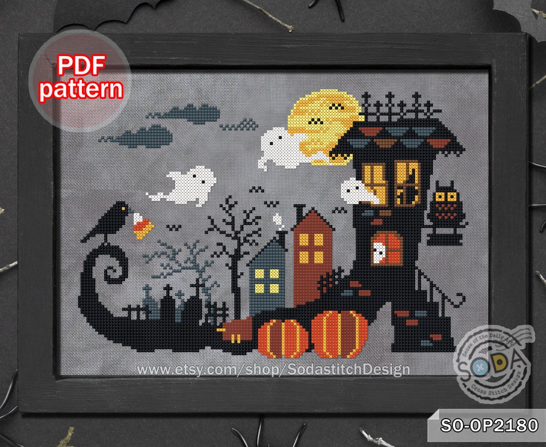 Cross Stitch Pattern Pdf Halloween House Spooky Ghost Pumpkin Crow ...