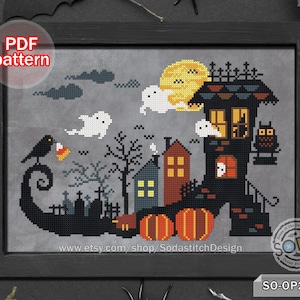 Cross Stitch Pattern pdf Halloween Witch Shoes House Spooky Ghost Pumpkin Crow Fun Modern Holiday Autumn Fall,SO-OP2180 &#39;Witch Shoes&#39;