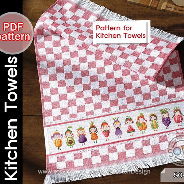 Cross Stitch Pattern pdf Kitchen Towel Fruits Vegetable Sampler Cute Simple Easy Modern Counted Instant Download,SO-T2 'Farm Girls'