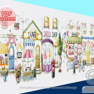 Cross Stitch Pattern pdf,Modern Cute Shop Home Counted Instant Download,SO-OPK4 &#39;Sky Blue Street&#39;