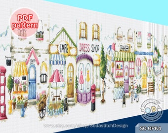 Cross Stitch Pattern pdf,Modern Cute Shop Home Counted Instant Download,SO-OPK4 'Sky Blue Street'